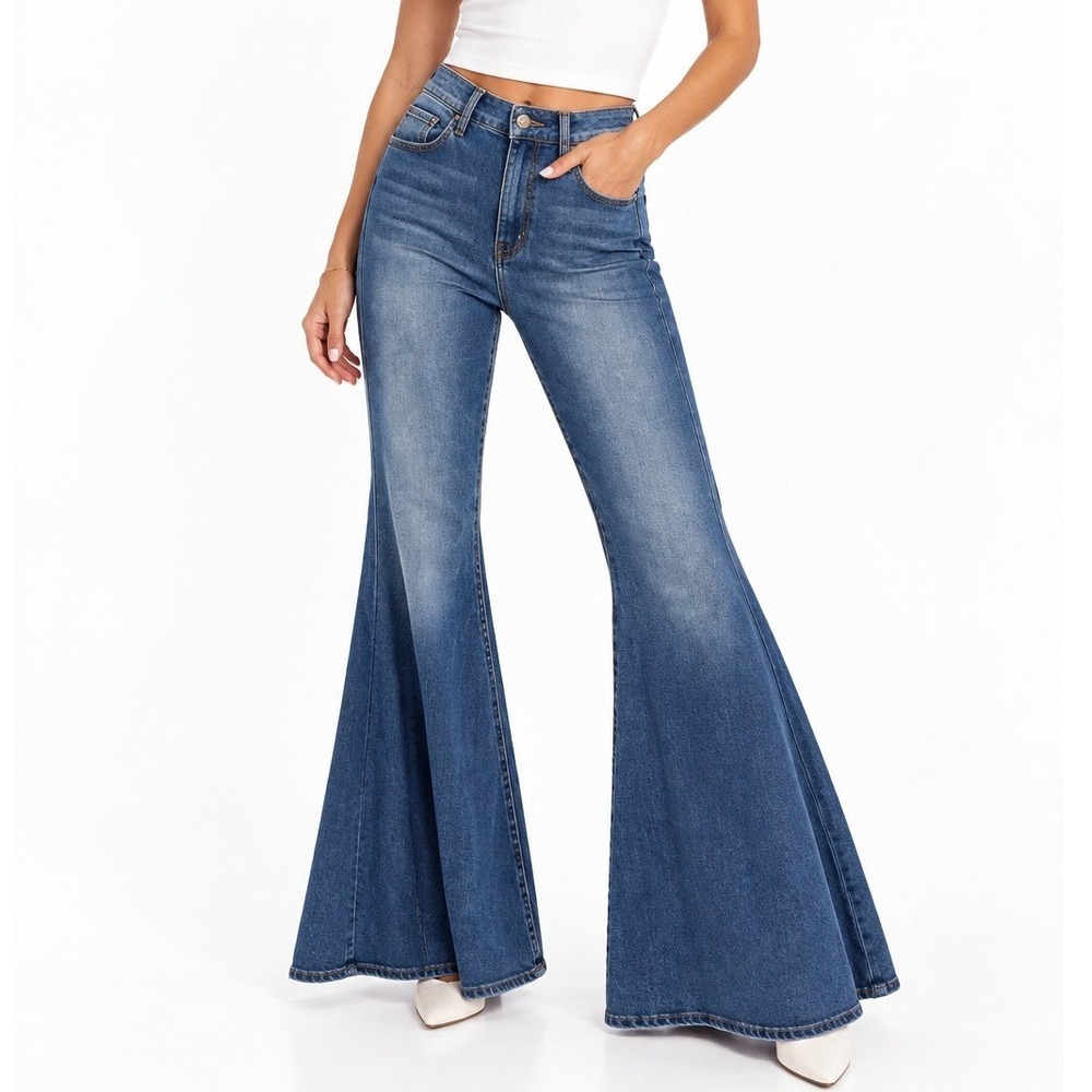 Free People Boho Just Float On Flare Jeans High Rise Bell Bottom Blue Denim 25
